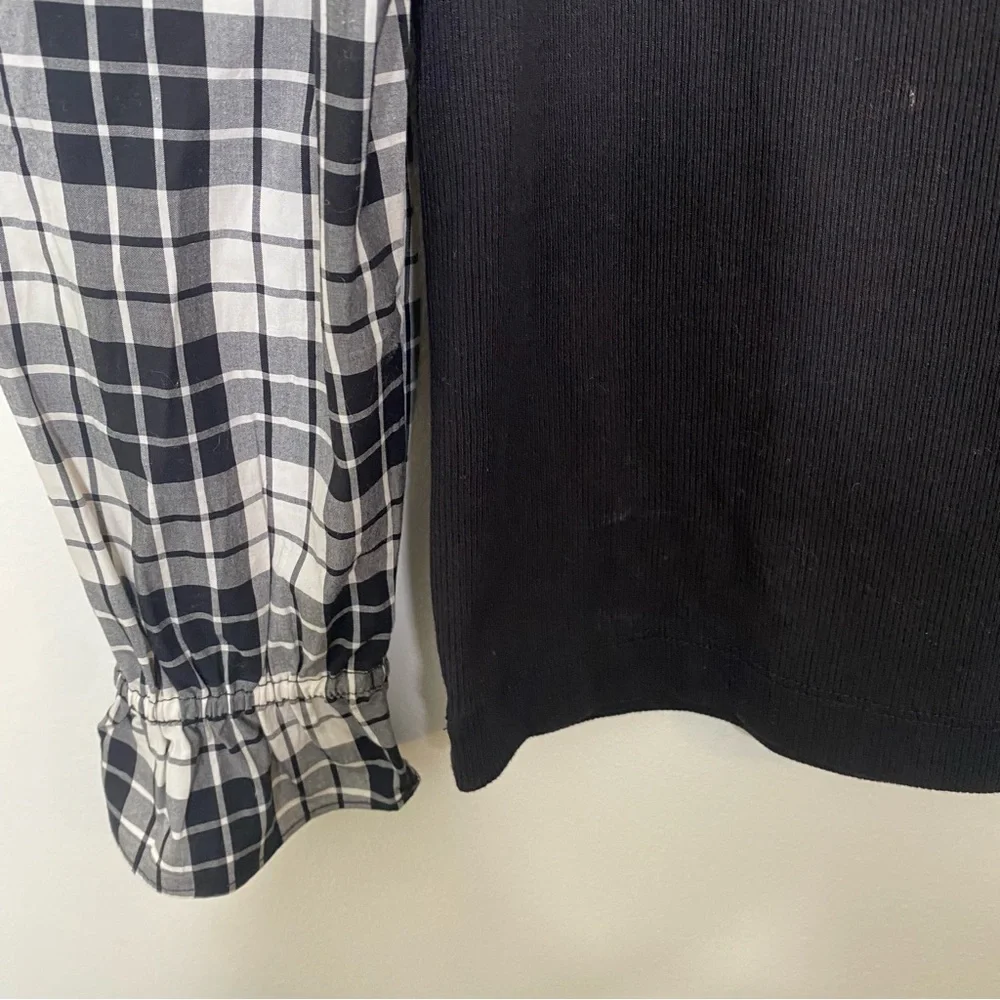 Loft Long Plaid Sleeve Knit Top Black Ivory Sz M